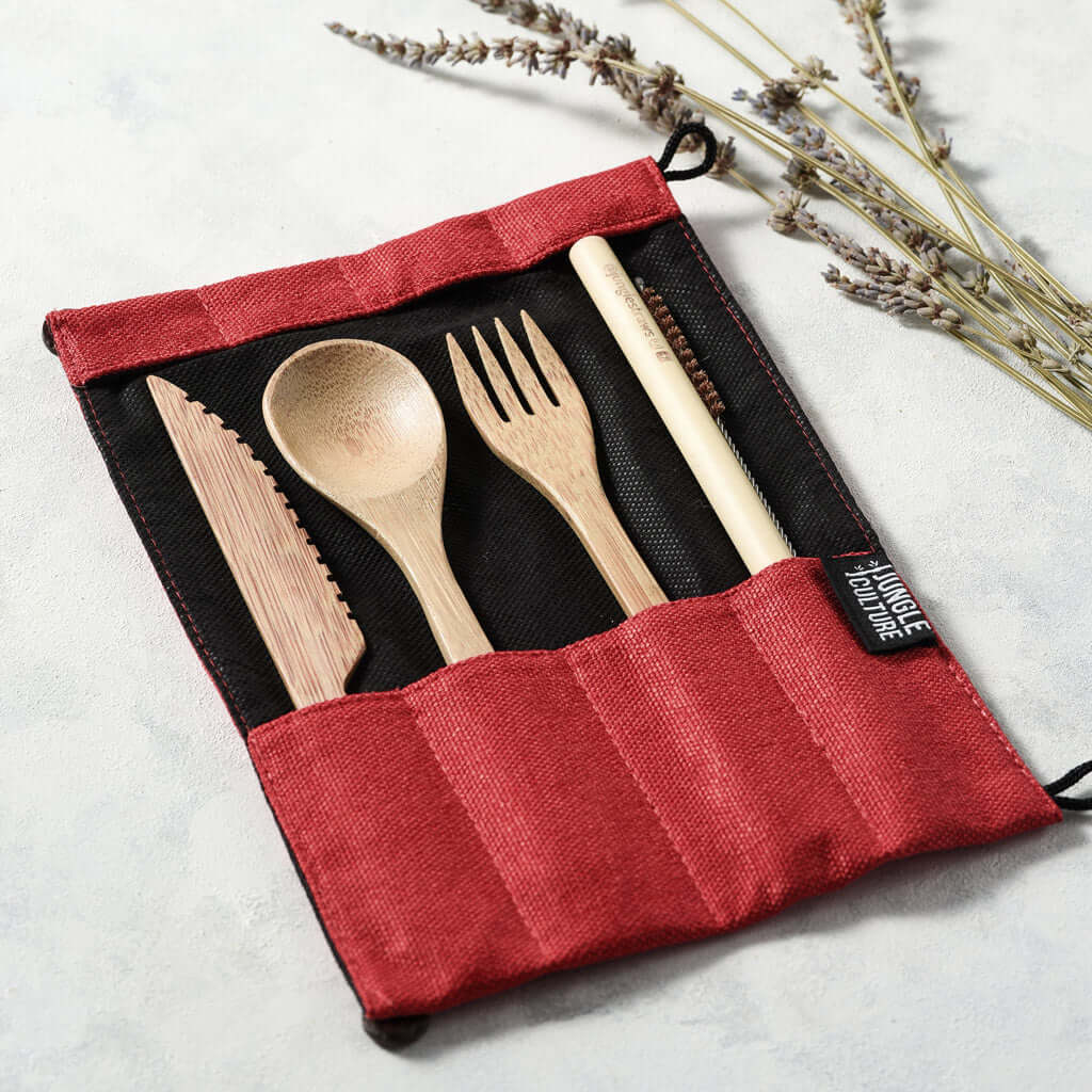 Bamboo Cutlery Set (Green bag) - Imagen 3